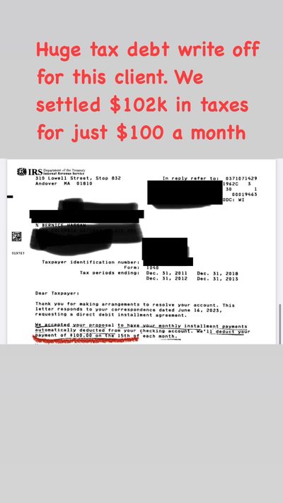 Redacted IRS letter from a client case: About $102,000 to $100 a month.