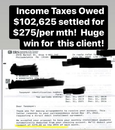 Redacted IRS letter from a client case: $102,625 to $275 a month.