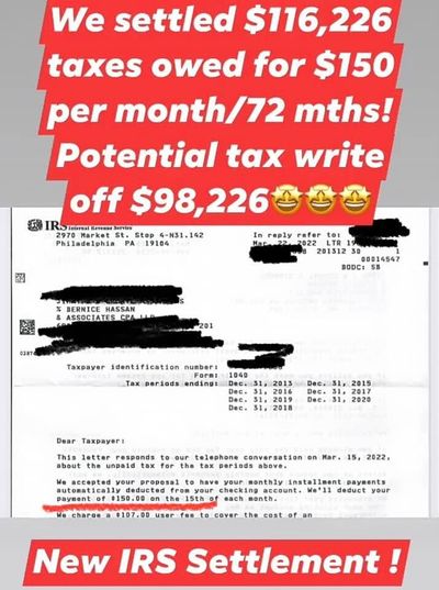 Redacted IRS letter from a client case: $116,226 to $150 a month.