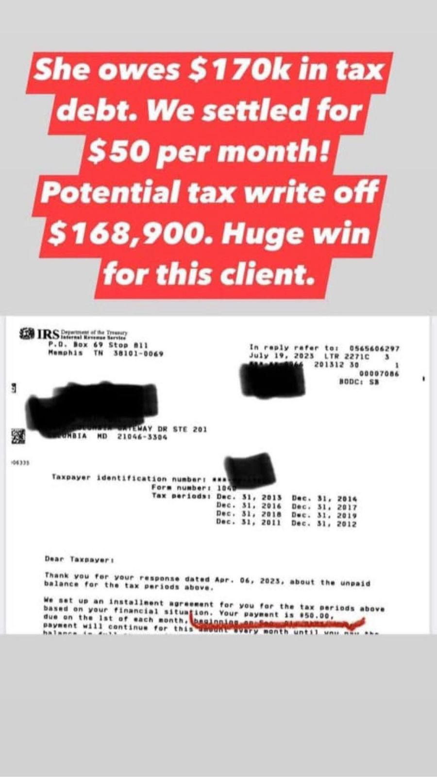 IRS letter confirming an installment agreement at $50 per month, across ten tax years from 2011 to 2019.