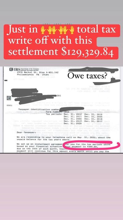 Redacted IRS letter from a client case: Nine tax years to $300 a month.