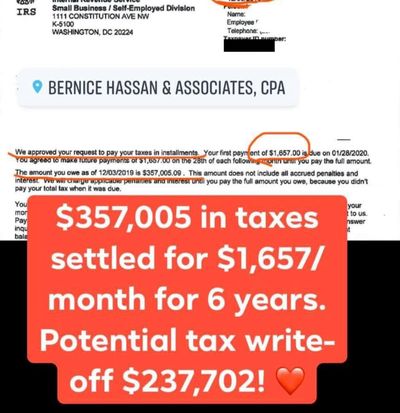 Redacted IRS letter from a client case: $357,005 to $1,657 a month.
