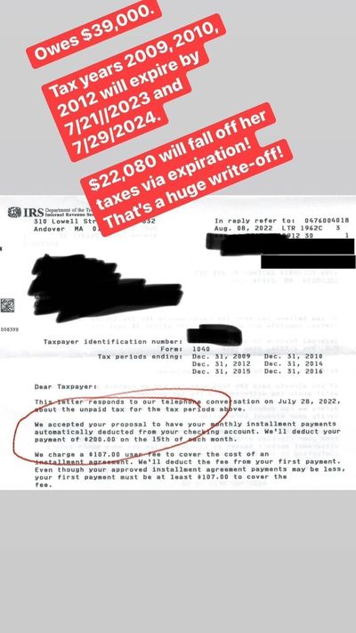 Redacted IRS letter from a client case: $39,000 to $200 a month.