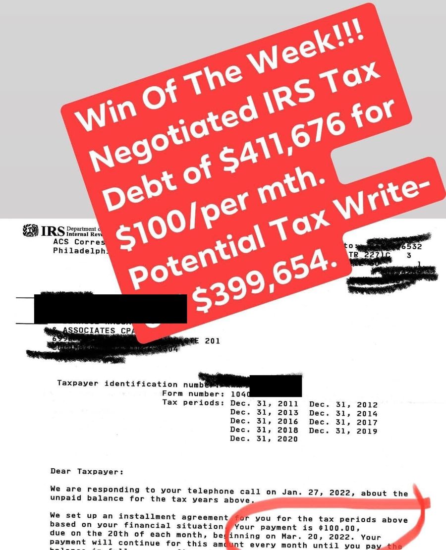 IRS letter confirming an installment agreement at $100 per month against a balance of $411,676, across nine tax years from 2011 to 2020.