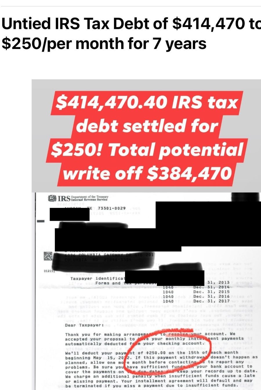 IRS letter confirming an installment agreement at $250 per month against a balance of $414,470.40, across tax years 2013 to 2017.