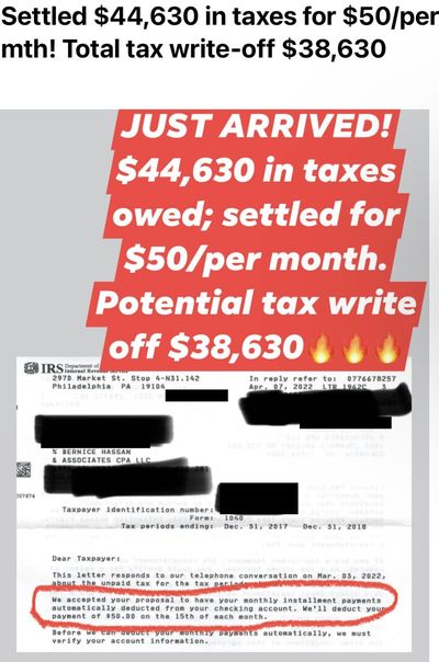 Redacted IRS letter from a client case: $44,630 to $50 a month.