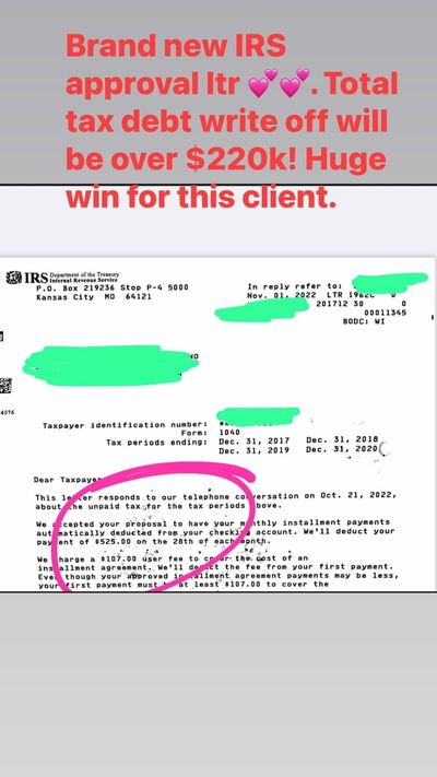 Redacted IRS letter from a client case: Four tax years to $525 a month.
