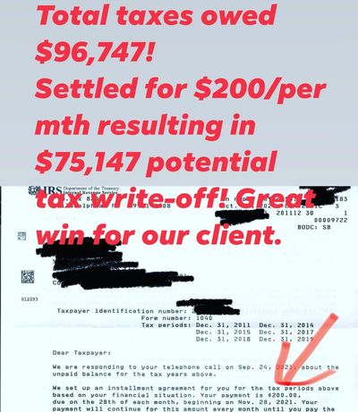Redacted IRS letter from a client case: $96,747 to $200 a month.
