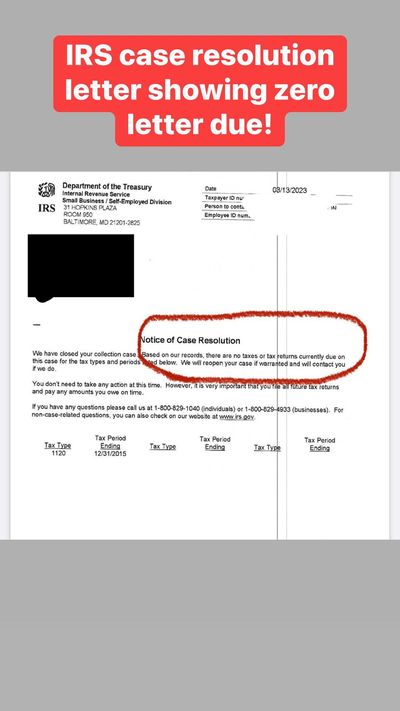 Redacted IRS letter from a client case: Collection case closed.