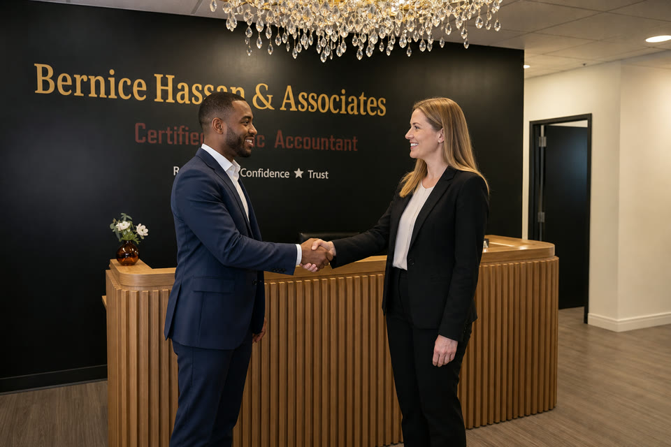 Two professionals shaking hands in the Bernice Hassan and Associates CPA office reception area.